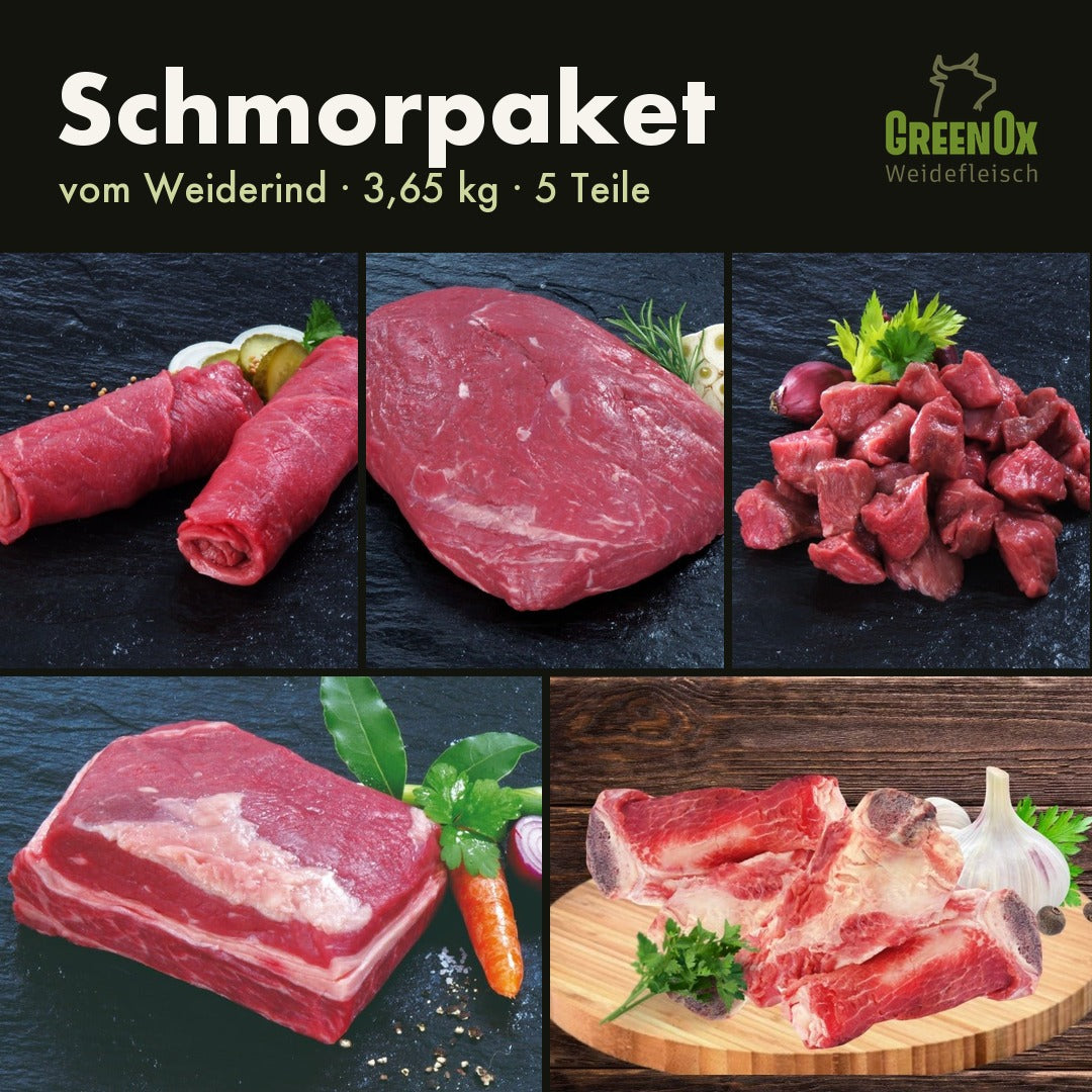 Schmorpaket vom Weiderind: Rouladen, Braten, Gulasch, Suppenfleisch, Fleischknochen